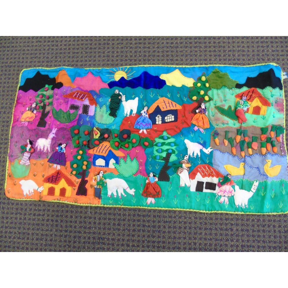 '71 Peruvian Mercado Market Tapestry Handcraft Appliqué Folk Art Peru Arpillera